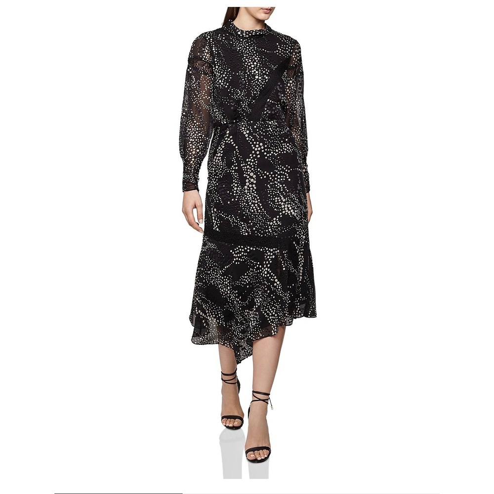 Reiss Black White Polka Dot Lace Midi Dress Open Back Sheer Sleeve USA 6 UK 10